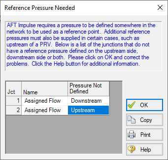 An AFT Fathom error message indicating that no reference  pressure has been given for the system.
